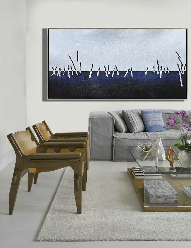 Large Abstract Art,Hand Painted Panoramic Abstract Painting,Colorful Wall Art,White,Grey,Dark Blue,Black.etc